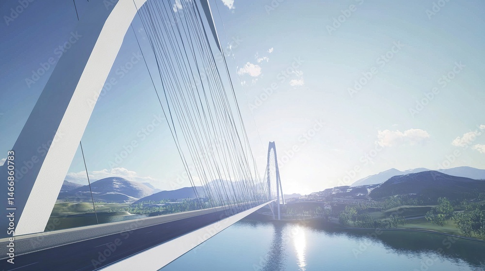 Fototapeta premium A pristine white arch bridge crossing a vast river, cable supports radiating gracefully under the brilliant sunlight of a clear day. 