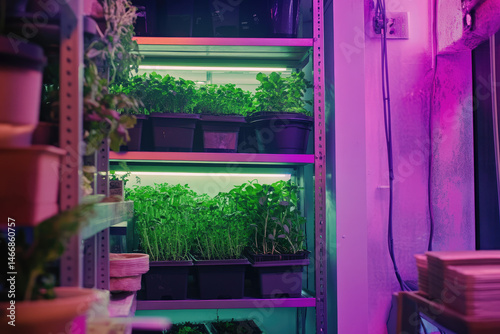 indoor photo of microgreen farm in small urban space, vertical hydroponic shelves growing leafy greens under LED lights, clean environment 