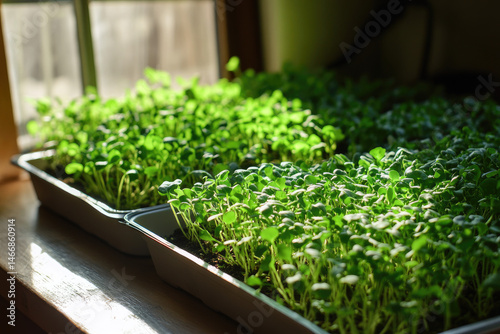 indoor photo of microgreen farm in small urban space, vertical hydroponic shelves growing leafy greens under LED lights, clean environment 