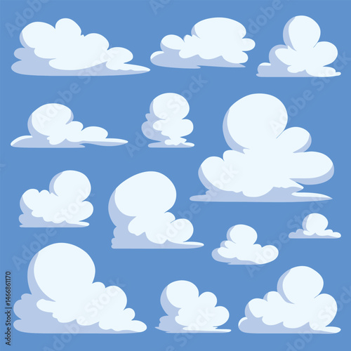 Fluffy white clouds float serenely against a clear blue sky.