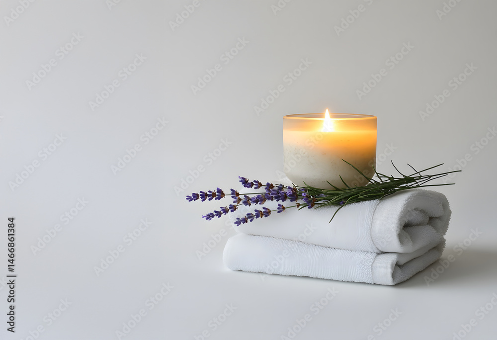 Minimalist spa setup featuring glowing candle, fresh lavender sprigs, and rolled towel on clean white background, captured in soft light to convey calm, purity, and wellness atmosphere