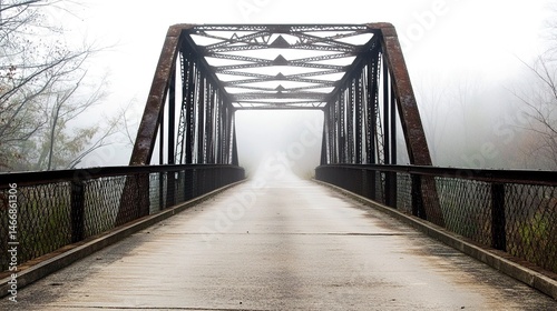 A quiet, fog-covered bridge stretching into a white void, its rails and path fading softly into the mysterious mist ahead 