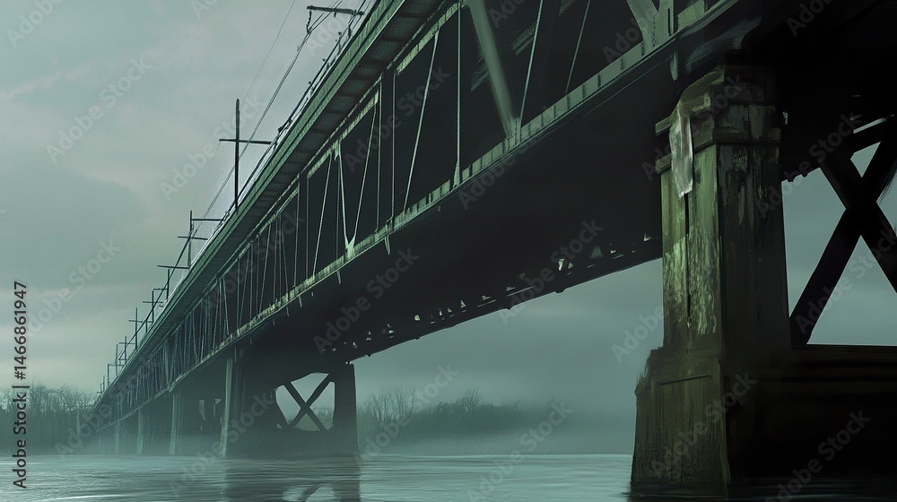 Fototapeta premium A railway bridge crossing a wide river, its tracks elevated by sturdy steel beams, with soft ripples in the water below. 