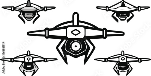 Collection of Drone Illustrations Black and White Vector Graphics