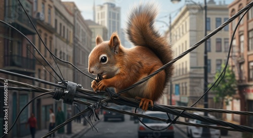 City Squirrel on Wires - A cute red squirrel clings to tangled wires in a busy city street, gnawing on something