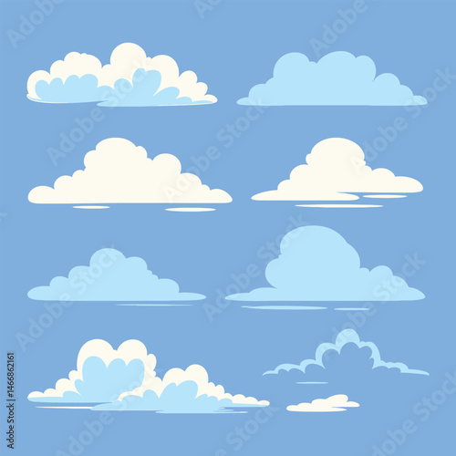Cartoon clouds floating in a bright blue sky, a breezy weather day.