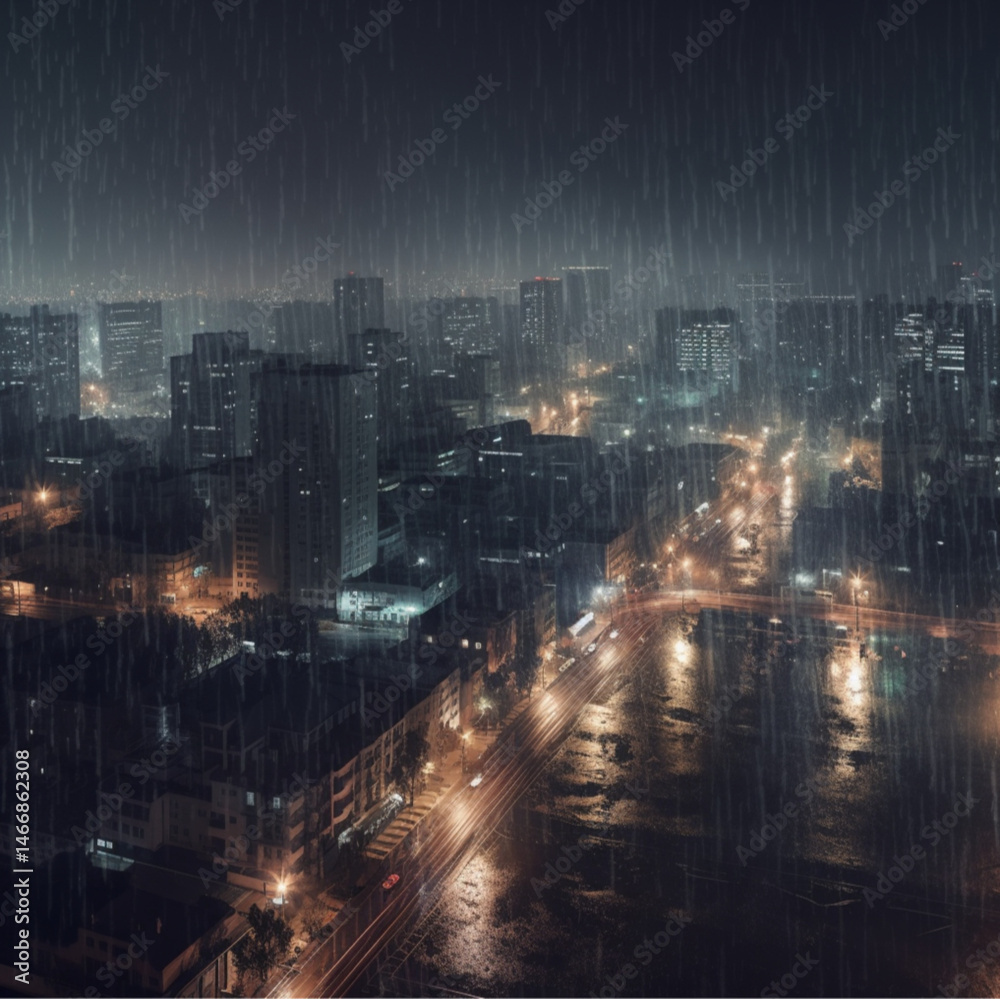 Beautiful view of the city at night. Heavy rain.