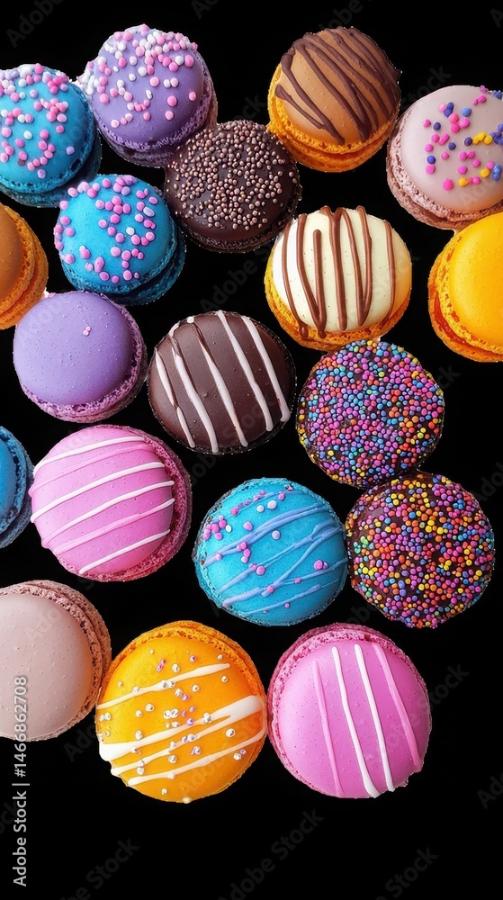 Obraz premium Assorted colorful macarons on black background