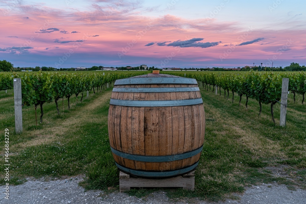 Wooden barrel in vineyard at sunset (1) Wooden barrel in vineyard at sunset (1)