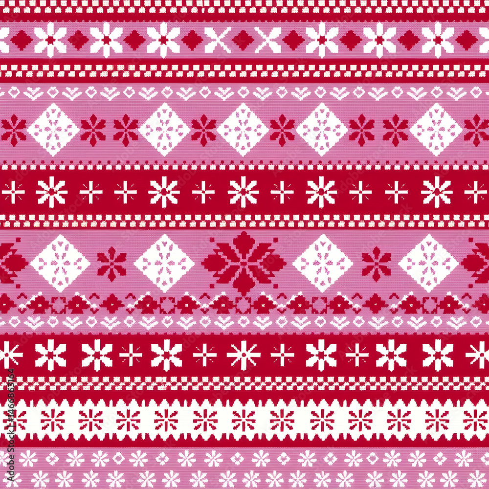 Cranberry-Lilac Fair Isle snowflake fabric with Nordic charm pattern. Cranberry-Lilac Fair Isle snowflake fabric with Nordic charm pattern.