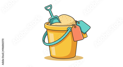 Good summer sale. Yellow bucket with sand and shovel against a white background