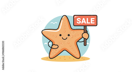 Good summer sale. Smiling starfish holding sale sign on sandy beach background