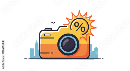Good summer sale. Illustration of a camera with a sun emblem against a city skyline