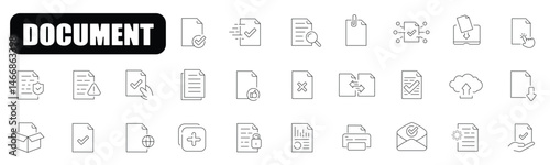 Document related line icons including file page form report search list cloud download upload and more outlined on transparency background modern and minimal style