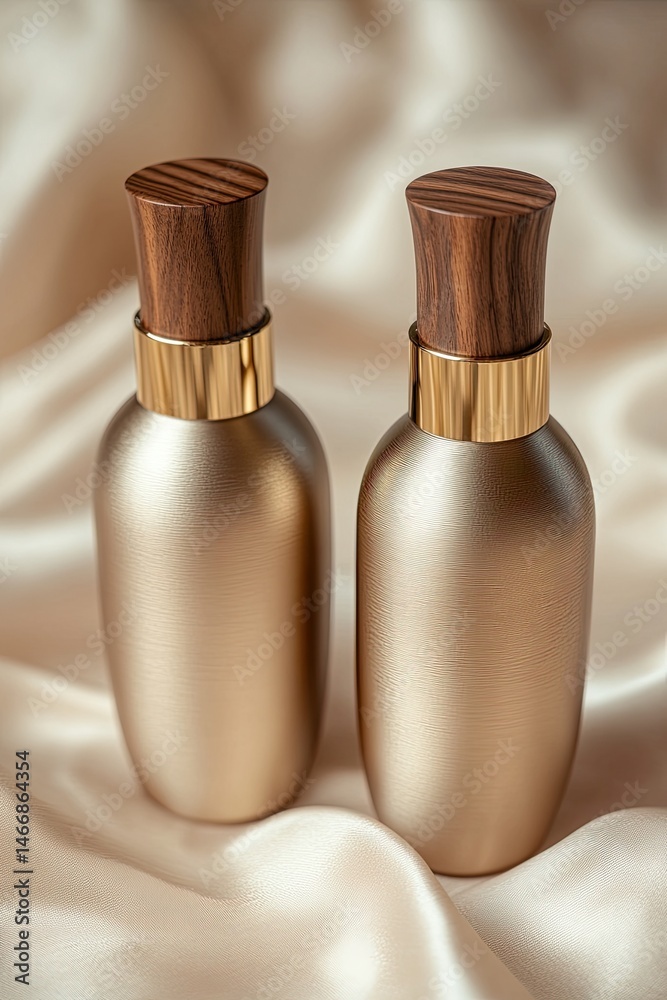 Naklejka premium Vertical frame focused on two luxurious matte bottles, wood pumps facing forward, placed on a cream tabletop