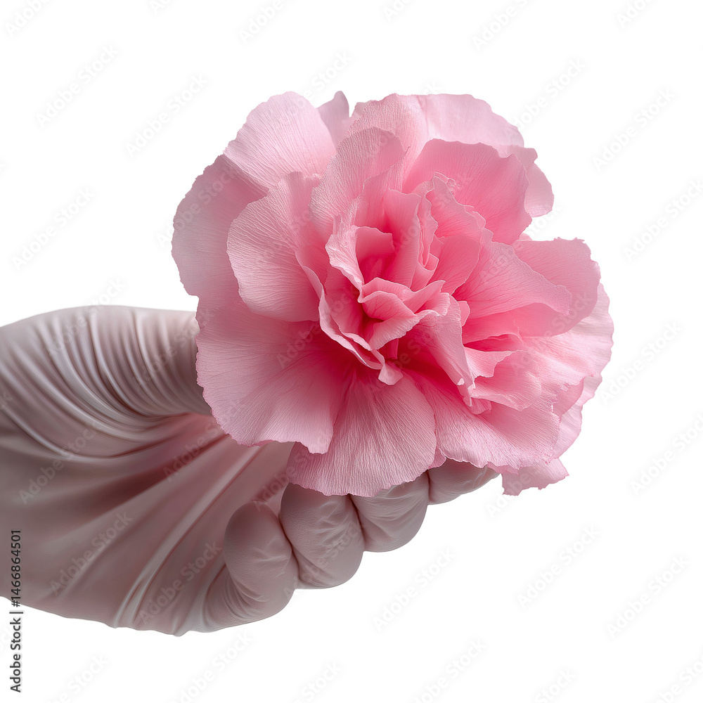 Gloved hand holding pink carnation flower Gloved hand holding pink carnation flower