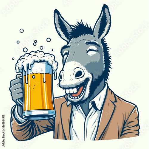 Whimsical Donkey Enjoying Beer: A jovial donkey in a smart suit, merrily raises a pint of beer. This comical scene invites smiles and a sense of lightheartedness. 