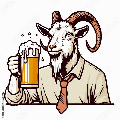 Goat with beer: A whimsical illustration of a goat dressed in a shirt and tie, contentedly holding a foamy beer. A lighthearted take on relaxation.