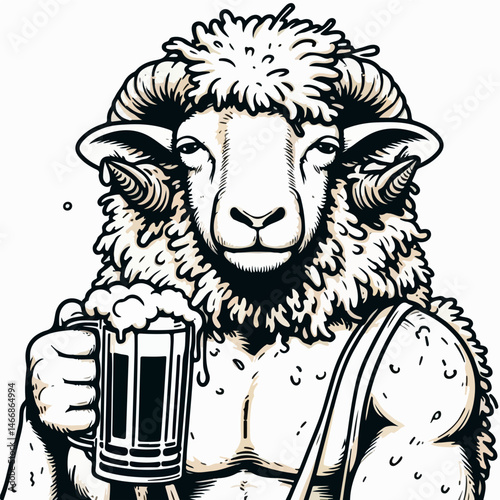 Rambunctious Ram and Beer: An artistic rendition of a muscular ram, depicted enjoying a frothy mug of beer with an air of jovial revelry.