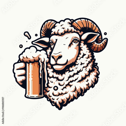 Sheep with Beer: A whimsical illustration of a sheep holding a pint of beer, capturing a playful and lighthearted spirit.