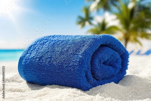 Rolled blue beach towel on sand. Tropical scenery