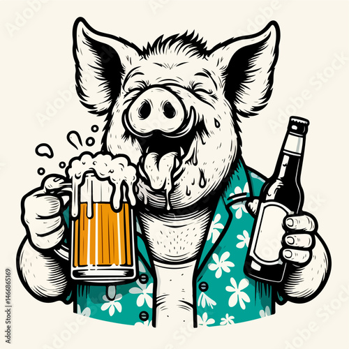 Boar Enjoying Drink: An illustrative depiction of a boar, exuding jovial vibes while reveling in a refreshing drink, showcasing a playful blend of fun and refreshment.