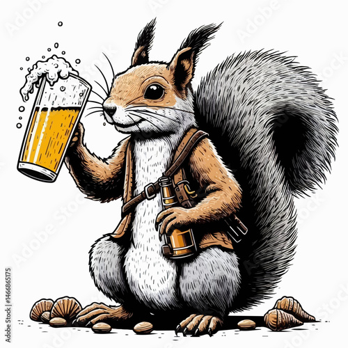 The Squirrel's Brew: A cartoon squirrel enjoys its beer and shells.