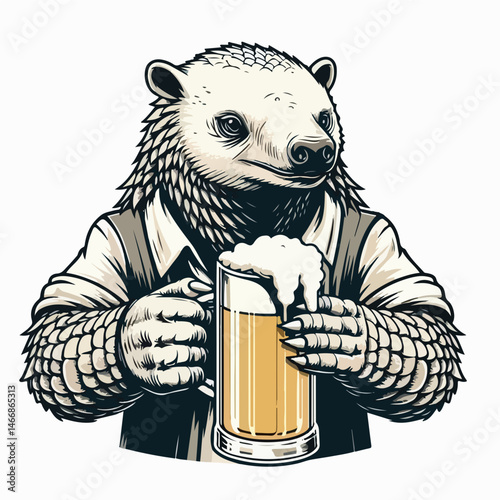 Pangolin's Pub Day: A charming animated pangolin with spiky armor clad in a smart shirt, indulges in a foamy beer, capturing the essence of a relaxed day.