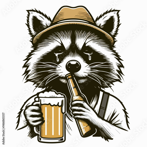 Sad Raccoon with Beer: A melancholic raccoon, clad in a hat and suspenders, with a tear rolling down its cheek, clutching both a beer and a bottle, a unique illustration to evoke feelings.