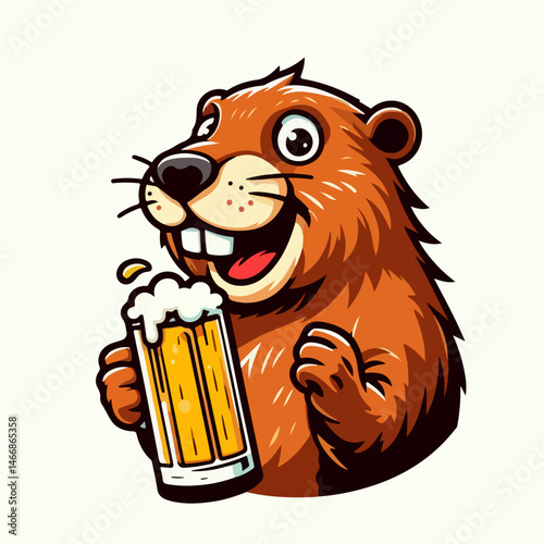 Beaver's Refreshment: An amusing cartoon beaver, with an enthusiastic grin, holds a glass of beer, capturing the spirit of lighthearted enjoyment and the essence of a relaxing moment.