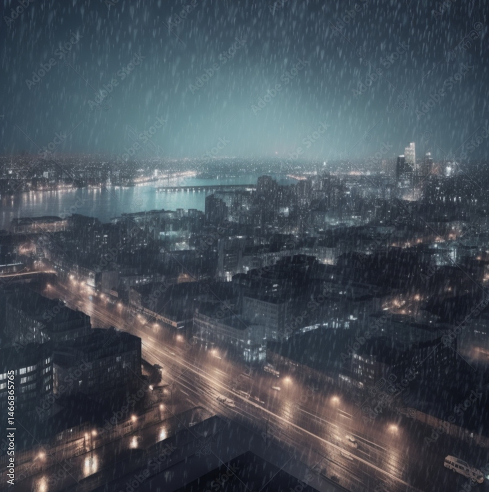 Beautiful view of the city at night. Heavy rain.