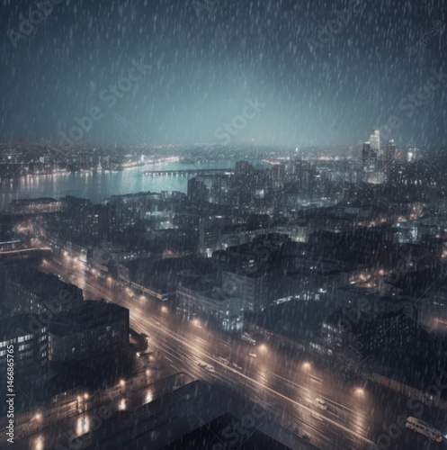 Obraz na płótnie Beautiful view of the city at night. Heavy rain. w salonie