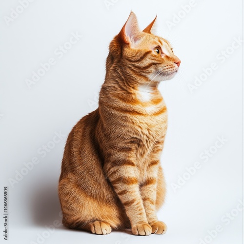 Ginger cat sitting, profile view against white background.  A medium-sized, reddish-brown tabby cat sits in profile view, looking to its right.  Distinct stripes and white markings are visible