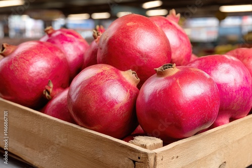 Fresh pomegranates in a wooden crate
