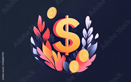 Dollar sign surrounded by stylized leaves and coins