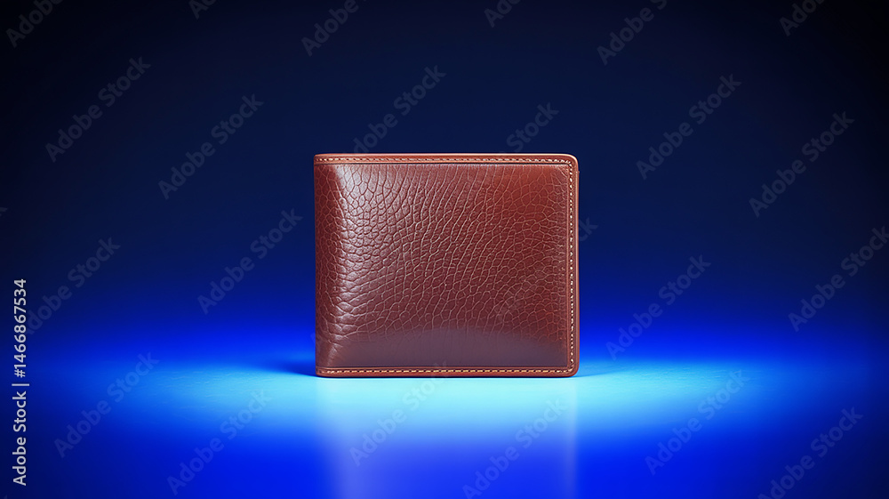 Obraz premium A brown leather wallet is showcased against a vibrant blue gradient background beautifully