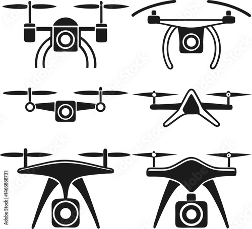 Six Different Drone Designs Black Icons Set Isolated on White Background
