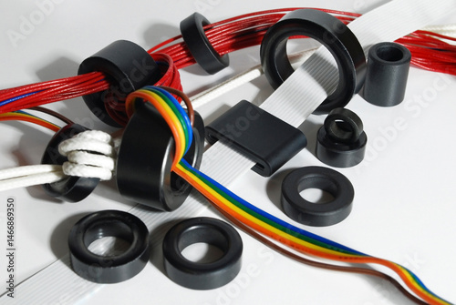 black ferrite rings of different sizes with wires of different types on a white background