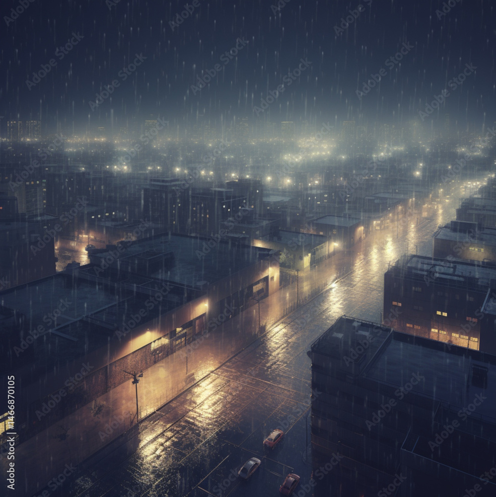 Beautiful view of the city at night. Heavy rain.