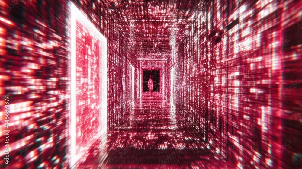 Obraz premium A red digital tunnel with a distant humanoid figure at the end