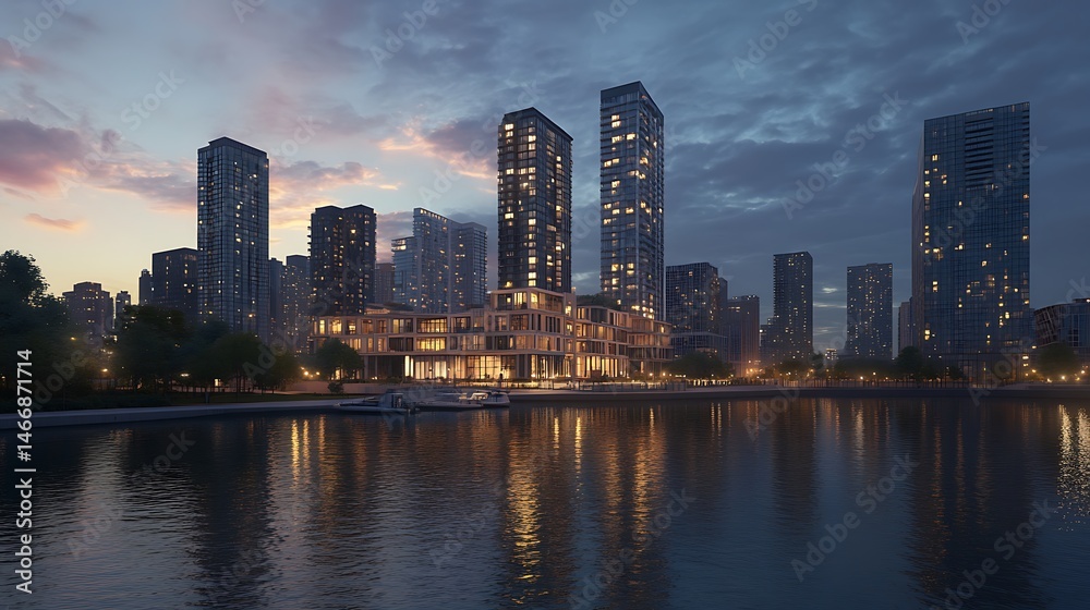 Naklejka premium Blue Waters Reflect City Skyline In Sunlight High Resolution Picture