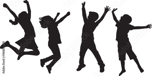Joyful Children Silhouettes Jumping | Energetic Kids in Playful Poses | Carefree Childhood Happiness | Black Silhouettes of Kids | Enthusiastic Children Mid-Jump