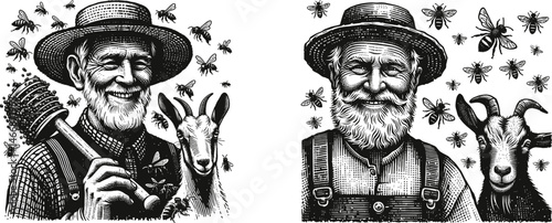 Set of Engraved Designs Elderly Beekeeper Smiling with Bees Swarming and Goat Peeking from the Side. monochrome, set, ink, isolated, vintage, tattoo