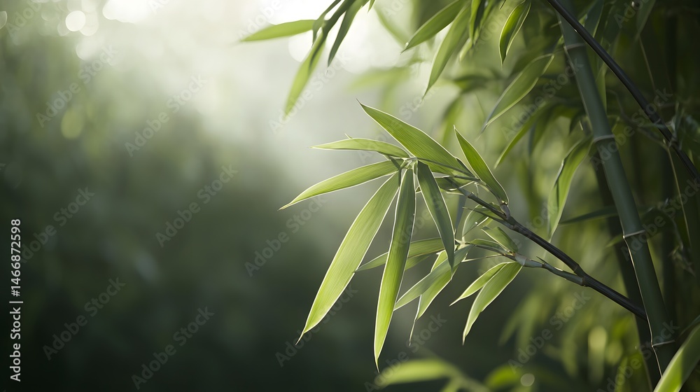 Naklejka premium Lush Green Bamboo Leaves Illuminated by Sunlight in a Tranquil Forest Setting