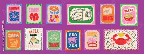 Italian summer mediterranean trendy postage stamps. Vector illustration of beach, lemons, sun, flowers, waves doodle, pasta, canned sardine, lobster, fish, sea for icons and stickers.