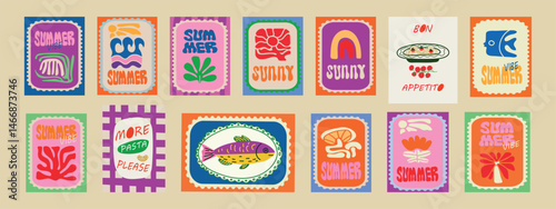 Italian summer mediterranean trendy postage stamps. Vector illustration of beach, lemons, sun, flowers, waves doodle, pasta, canned sardine, lobster, fish, sea for icons and stickers.