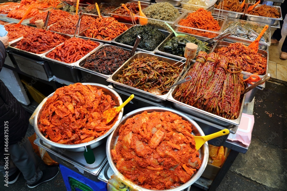 Kimchi varieties at Gwangjang Market, Seoul