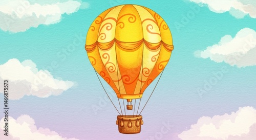 Wallpaper Mural Golden Balloon Flight Adventure - A whimsical illustration of a hot air balloon soaring through a pastel sky, symbolizing freedom, adventure, dreams, exploration, and joy Torontodigital.ca