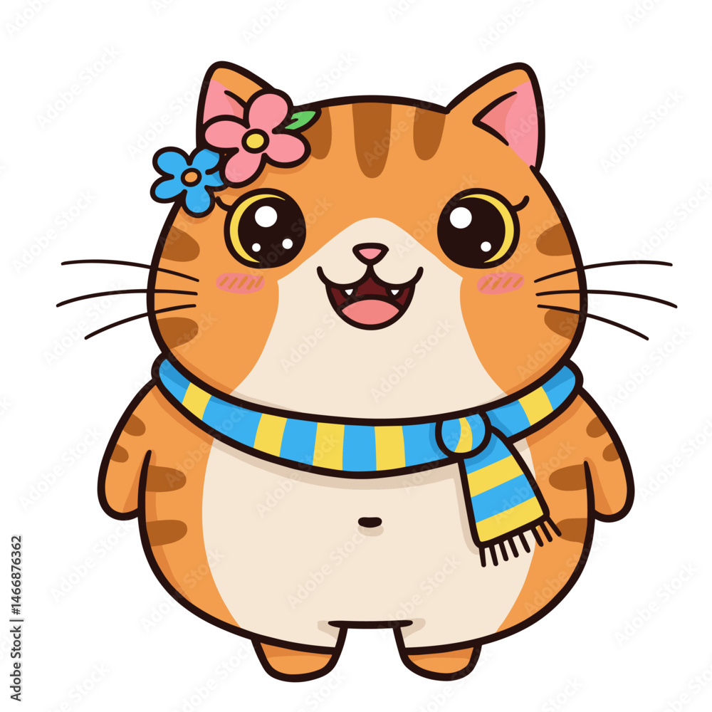 Fototapeta premium Cheerful tabby kitten adorned with floral charm and scarf