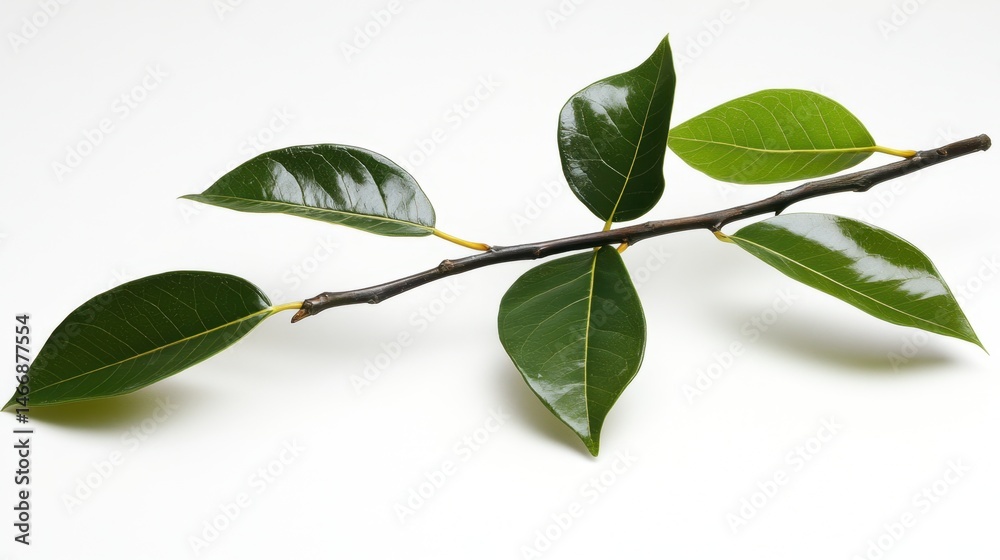 Naklejka premium Branch with Green Leaves Still Life Against White Background Studio Shot Botanical Beauty Close Up Nature Photography